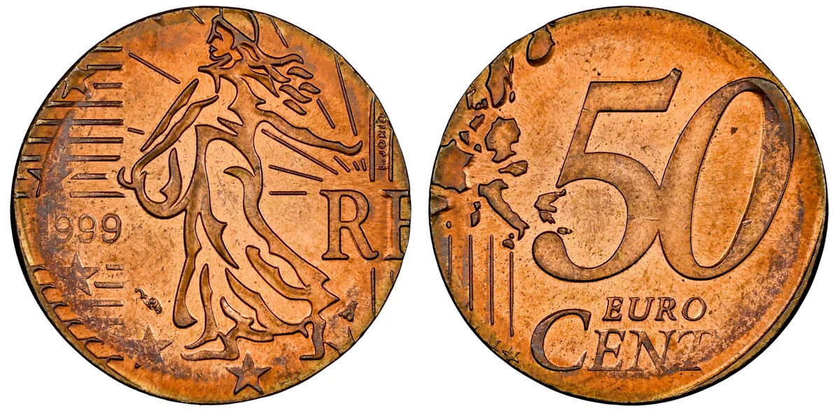 French 50 Euro Cent on a 2-Cent Planchet
