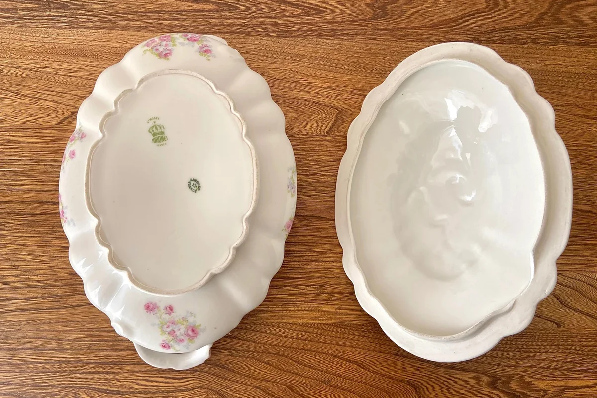 Antique 1906-1920 French Limoges Coronet Hand Painted Porcelain Covered Serving Dish