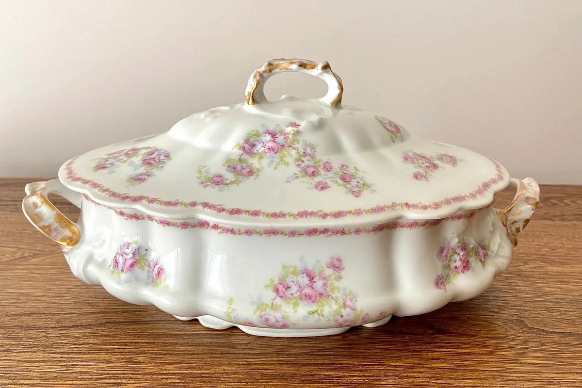 Antique 1906-1920 French Limoges Coronet Hand Painted Porcelain Covered Serving Dish