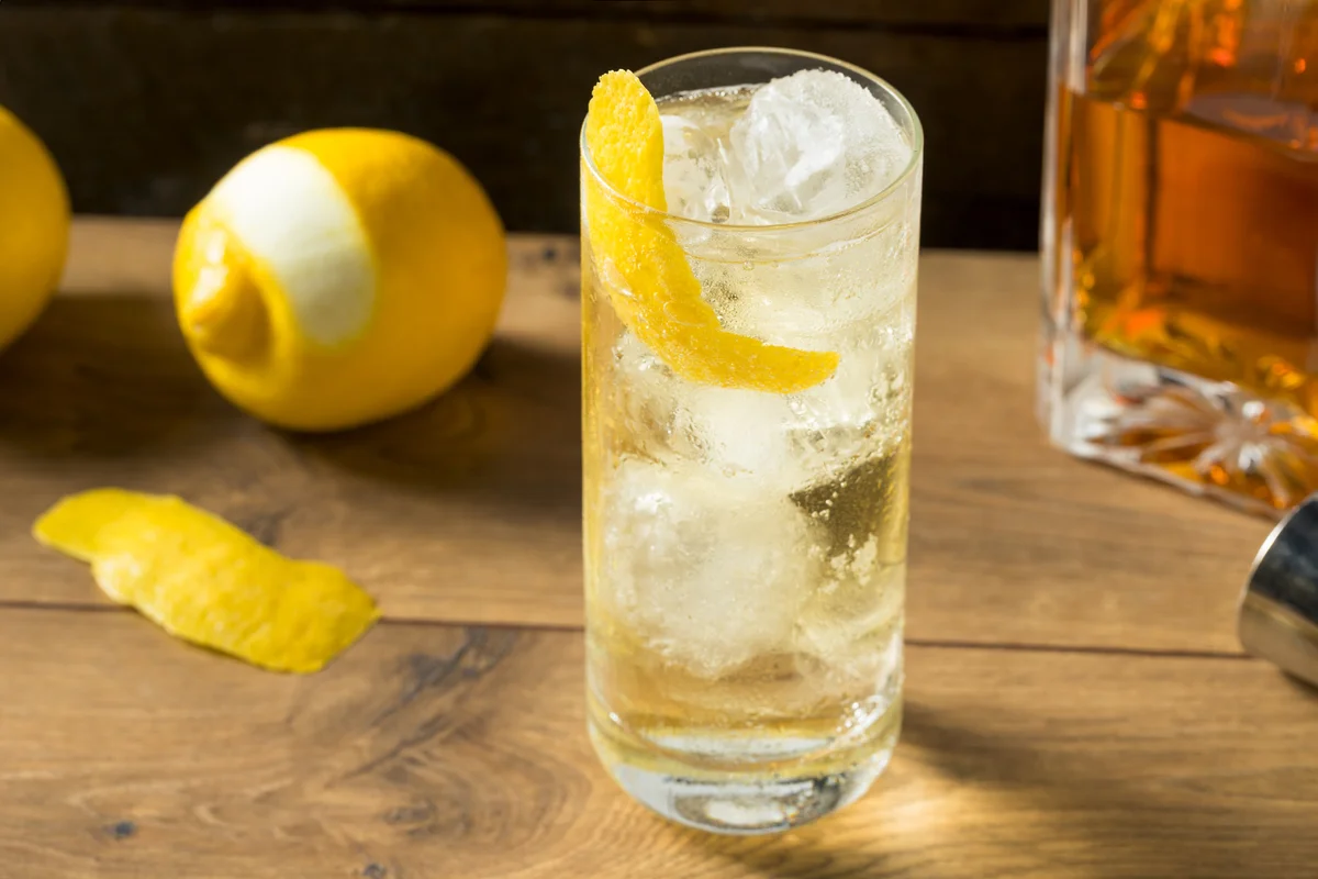 Alcoholic Whiskey and Soda Highball with Lemon