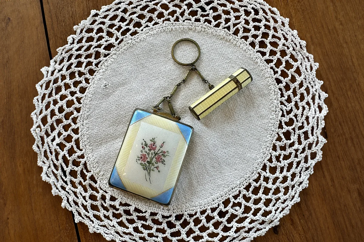 Antique Guilloche Enamel Compact and Lipstick, Chatelaine, Brass Metal Chain