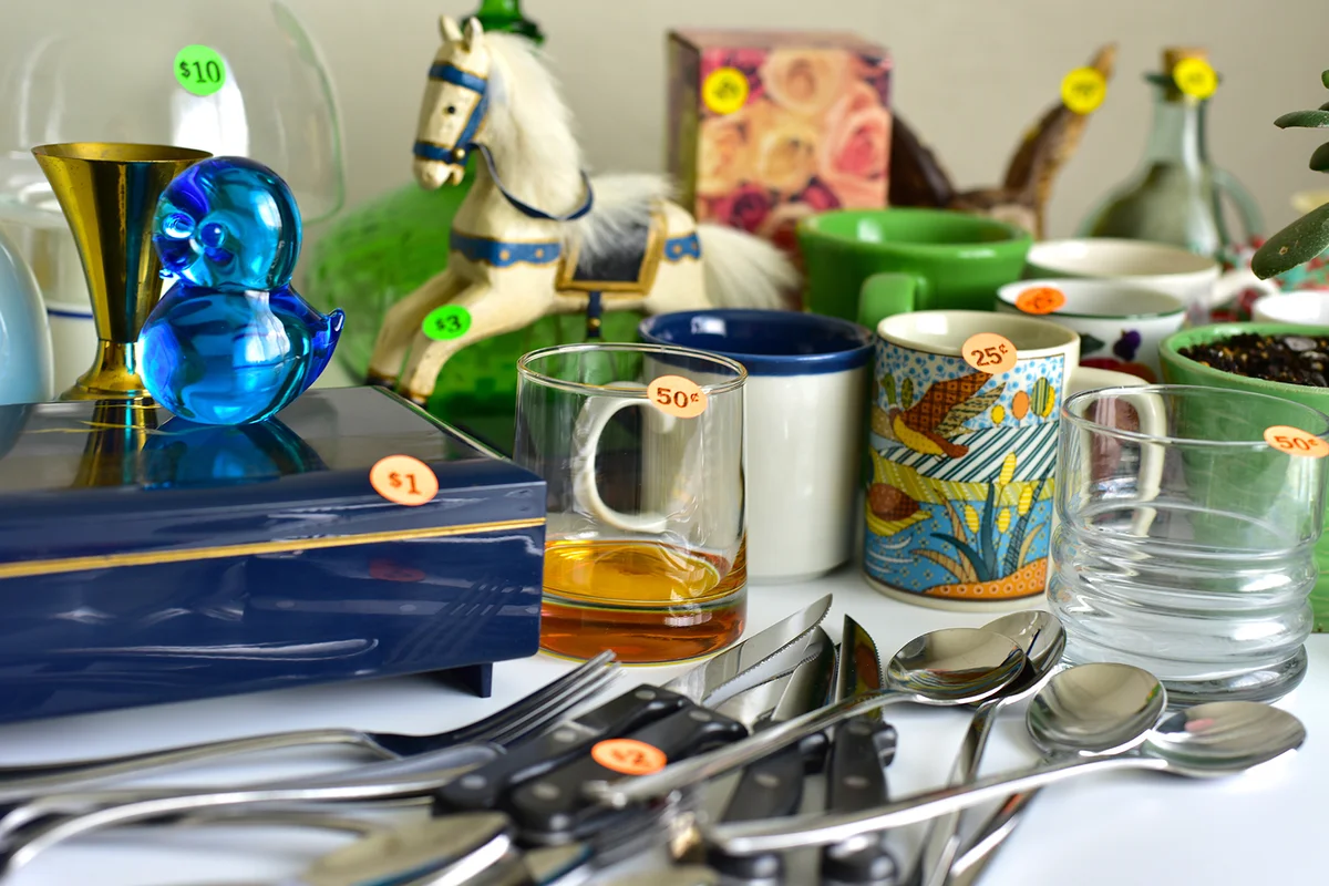 yard sale old unwanted items and utensils