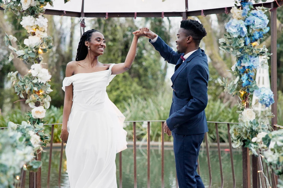 Wedding, first dance couple in garden with love
