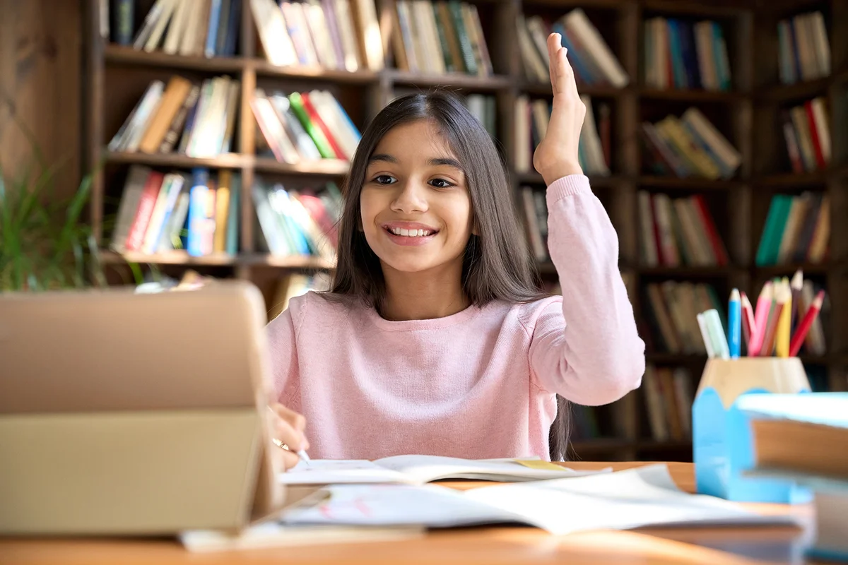girl student attending learning video class webinar in virtual classroom
