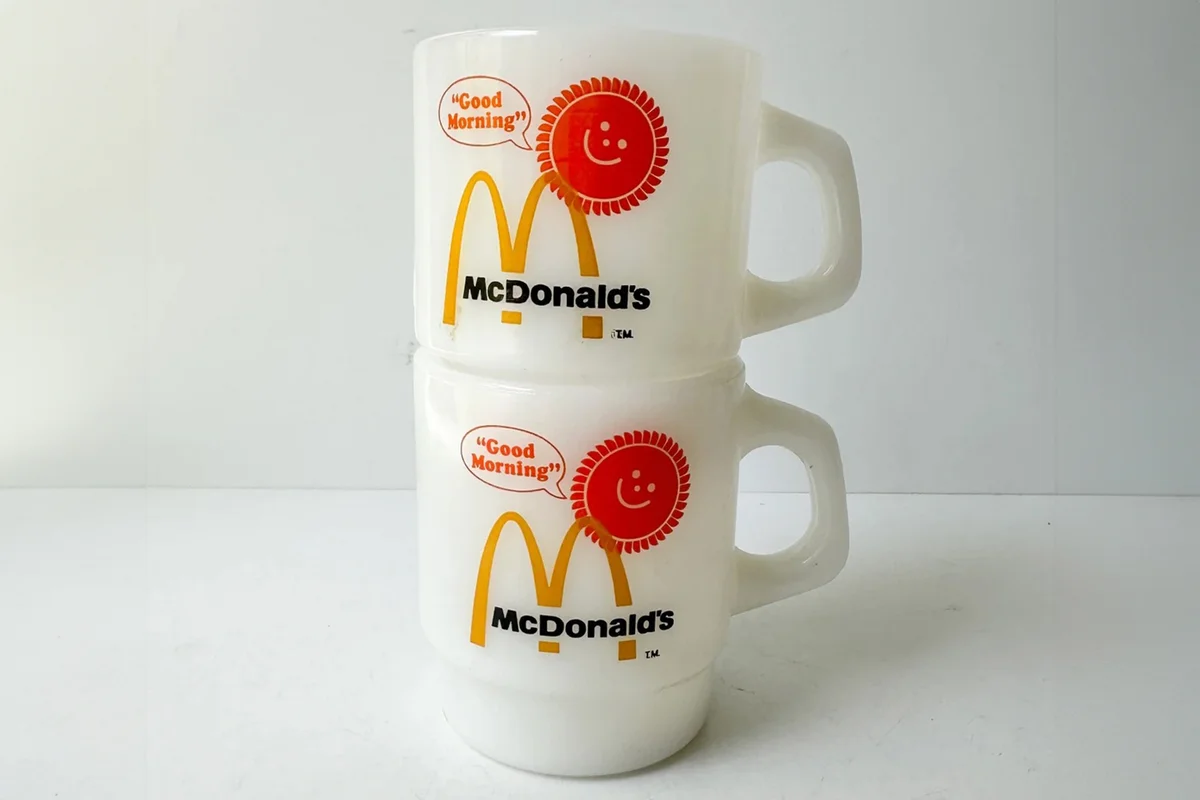 Vintage McDonalds Fire King Milk Glass "GOOD MORNING" Stacking Mugs