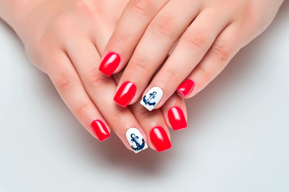 summer red manicure with painted nails anchor the nameless