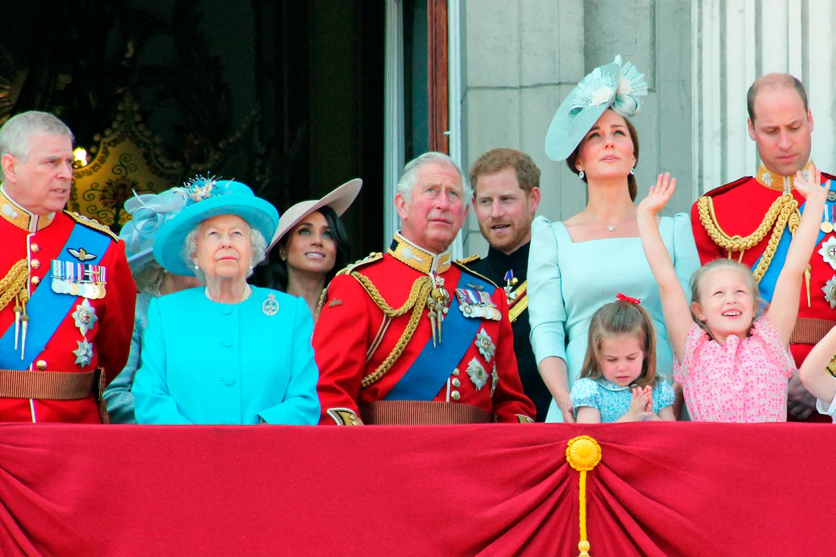Meghan Markle Harry Queen Elizabeth, London uk - 962019: Meghan Markle king Charles, Prince Harry Andrew George William Kate Middleton Princess Charlotte Trooping the colour Buckingham Palace