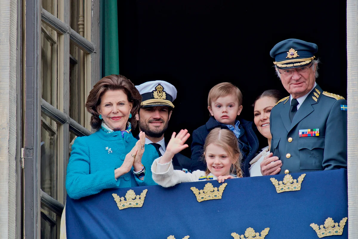 STOCKHOLM, SWEDEN - APRIL 30, 2018: King Carl XVI Gustaf 72 years old. On the balcony, Queen Silvia, Prince Carl Philip, Princess Estelle, Prince Oscar, Crown Princess Victoria, King Carl XVI Gustaf.