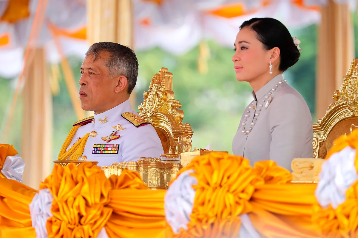 Bangkok, Thailand - May 9, 2019 Thailand's King Maha Vajiralongkorn and Queen Suthida attend the annual Royal Ploughing Ceremony at Sanam Luang in Bangkok.