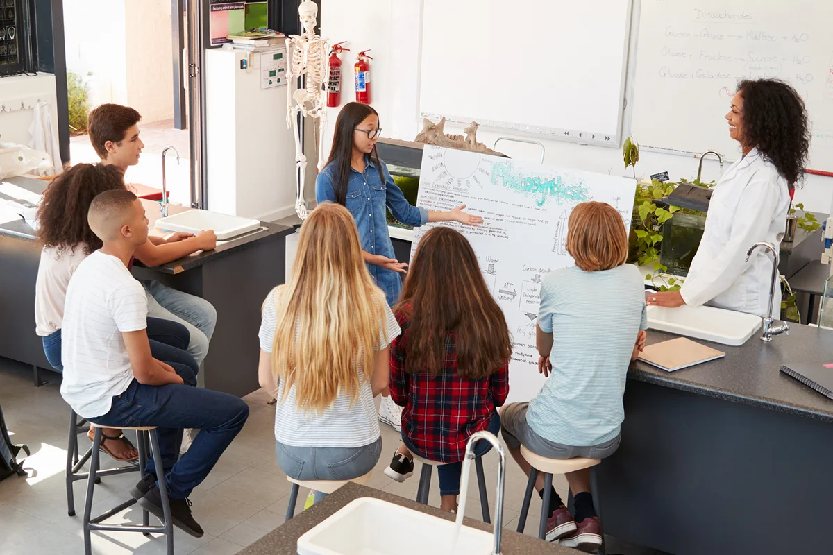 Schoolgirl presenting in front of science class, high angle via Shutterstock