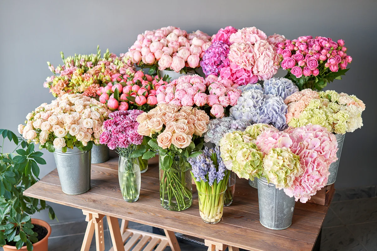 Many different colors on the stand or wooden table in the flower shop