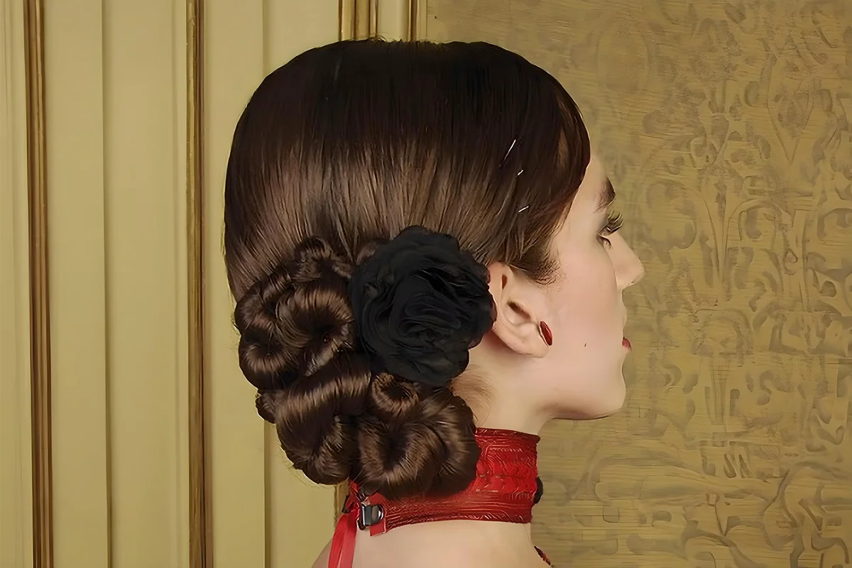 Brunette with coiled and pinned hair bun