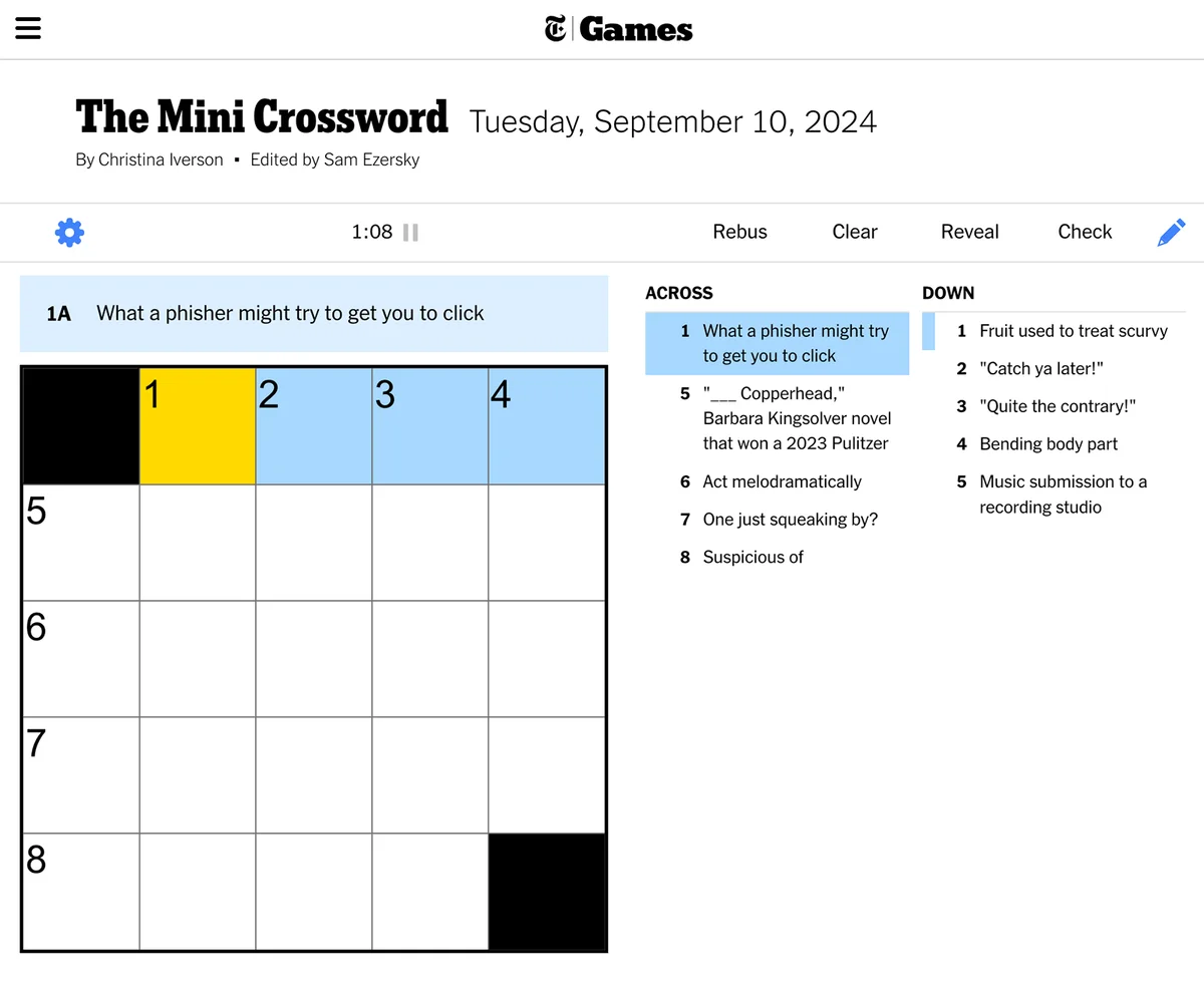 Screenshot of New York Times Mini Crossword