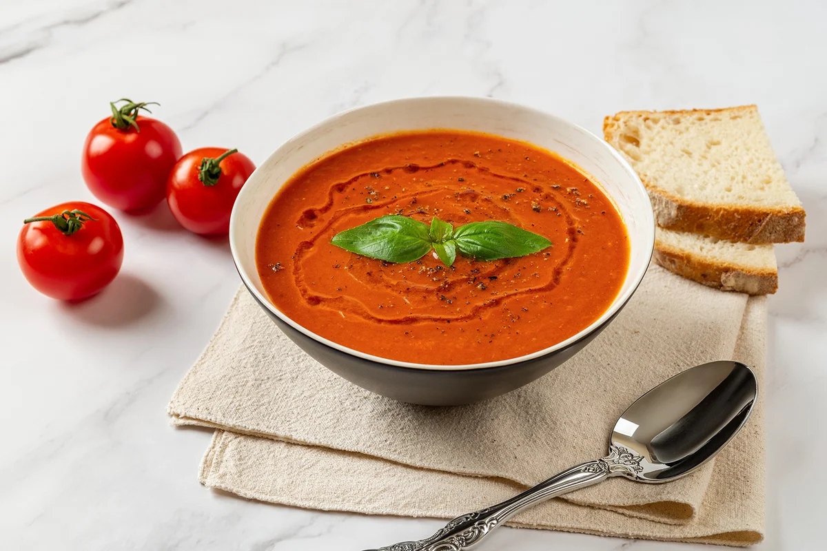 Bowl of hot tomato soup over marble background