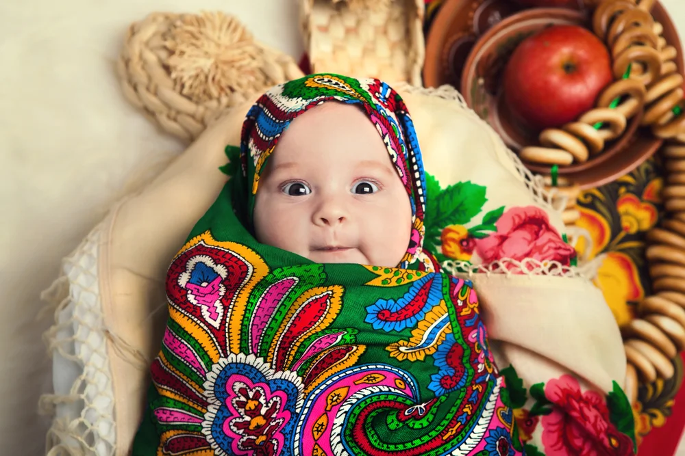 baby in a Russian shawl