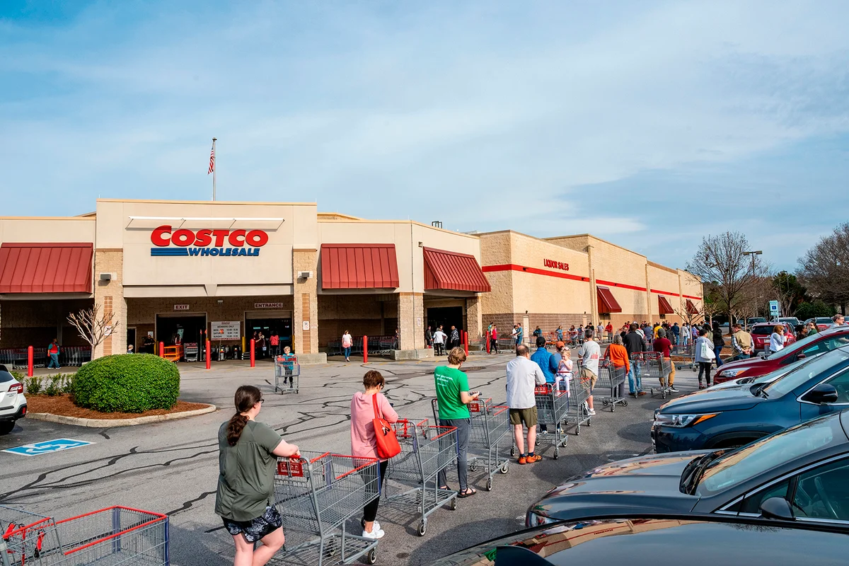 HOOVER, ALABAMA - APRIL 9, 2020: Shoppers waiting in line to get into a Costco store at the opening. Alabama.