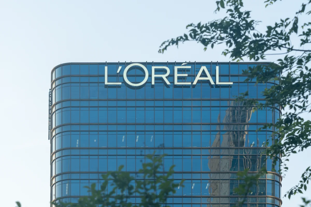 L'Oreal company logo on the headquarters building in China.