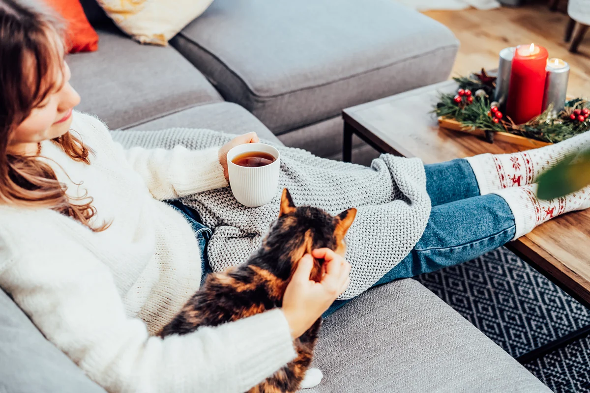 woman with cup of hot drink petting cat on the sofa at home