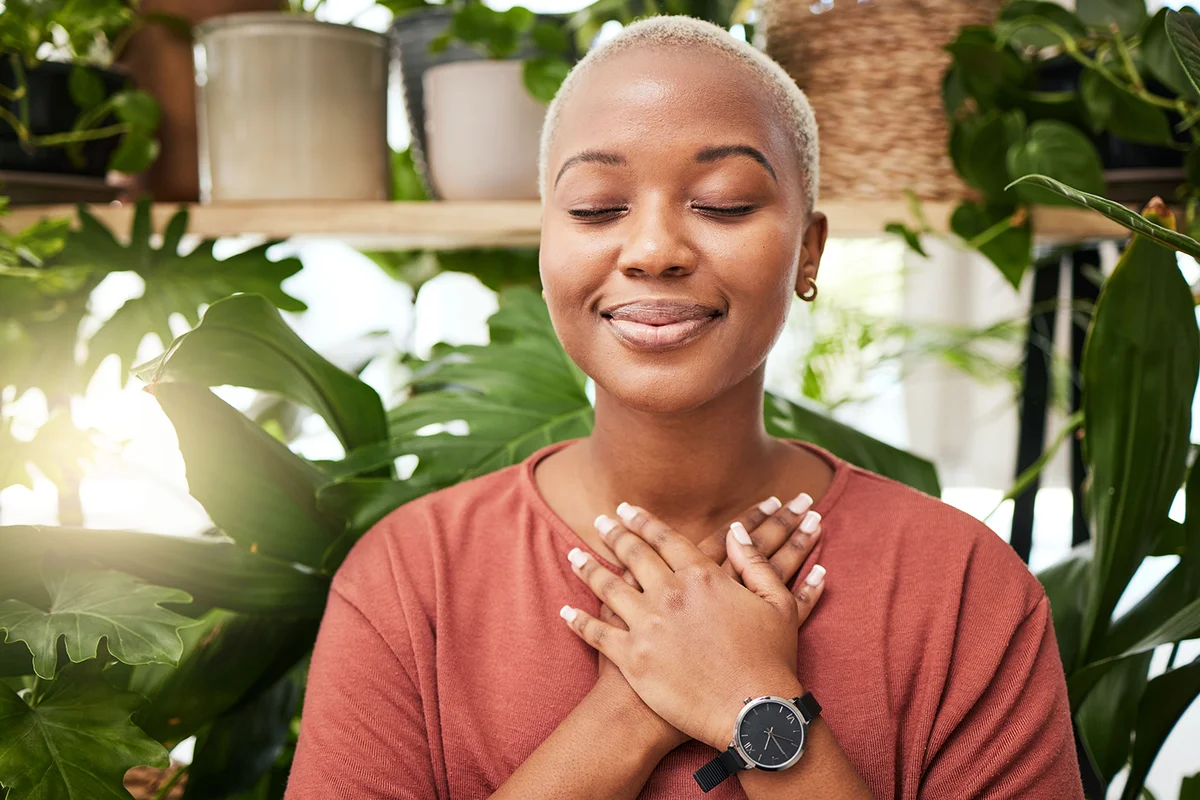 breathing and calm woman by plants for breathing exercise