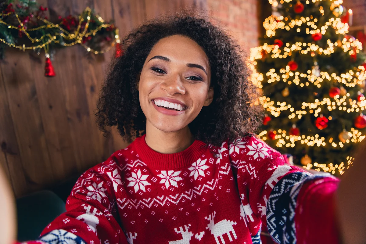 Portrait of positive adorable person beaming smile make selfie
