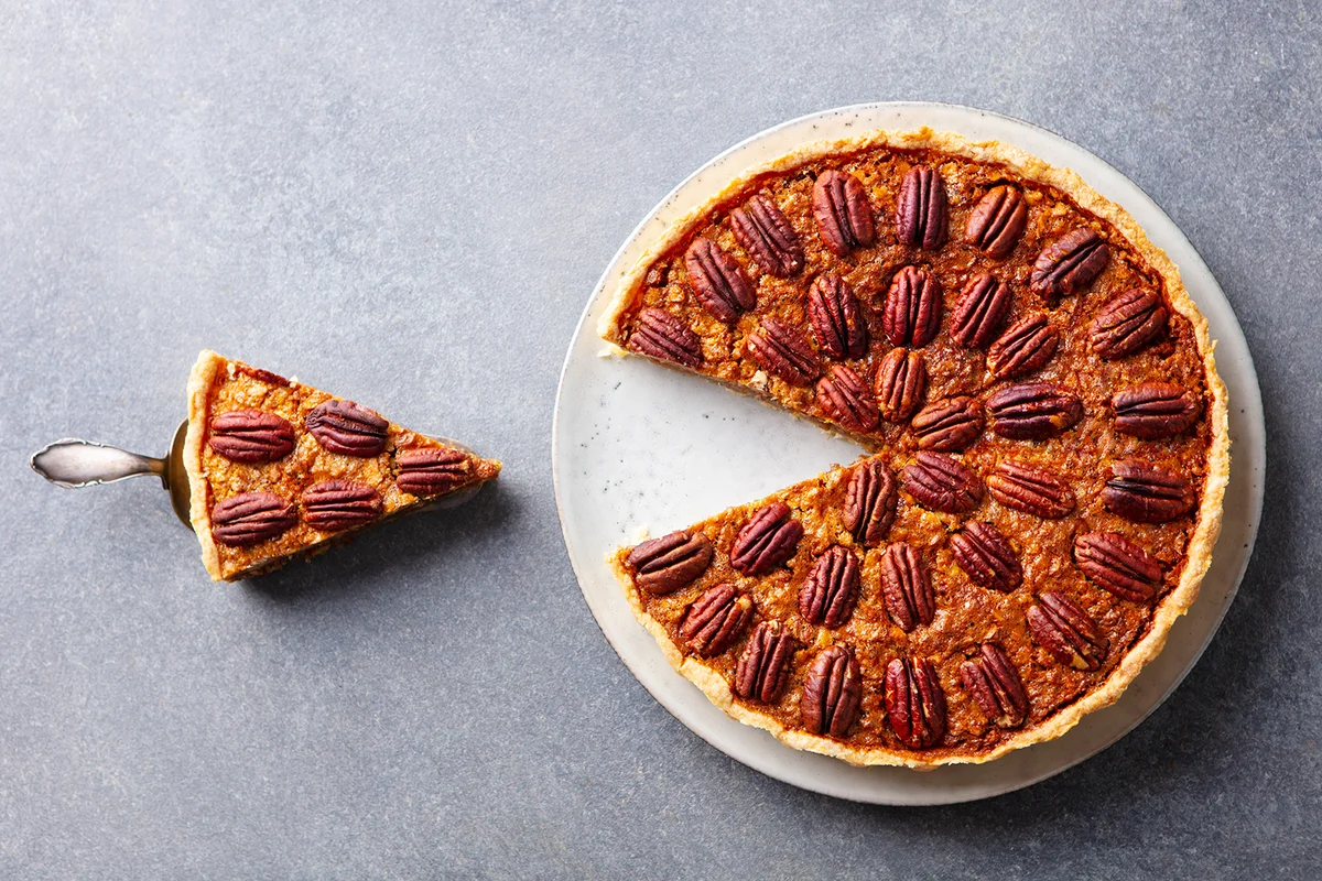 Pecan nut pie, on a plate