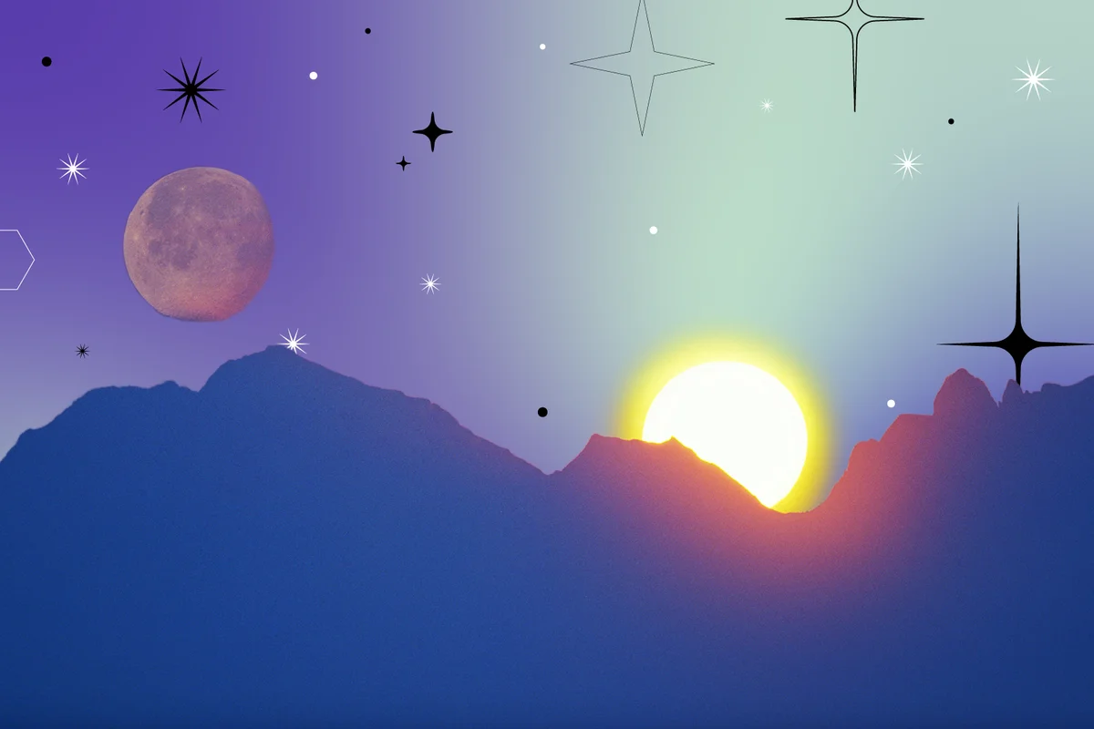 Sun and moon behind mountain