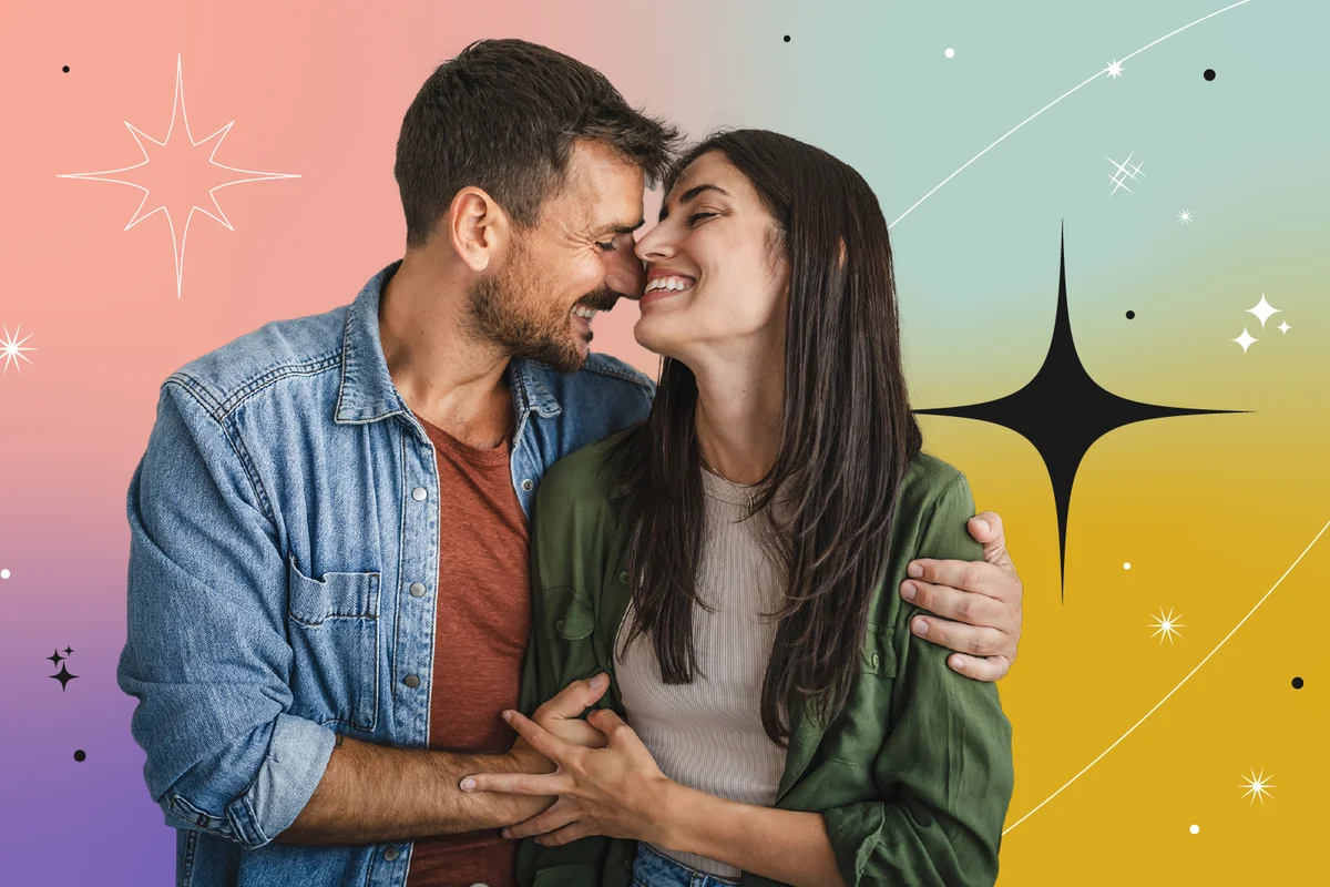 Portrait of beautiful couple stand, smile and hug at home
