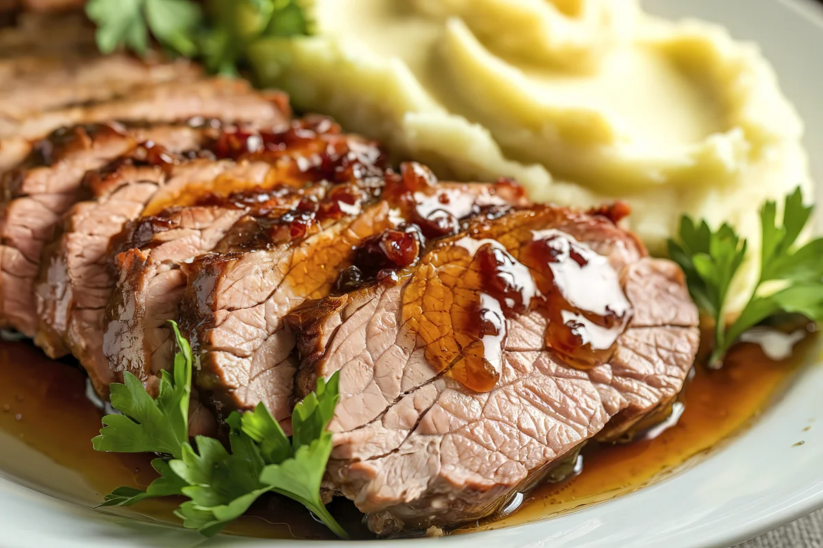 pork tenderloin served with mashed potatoes