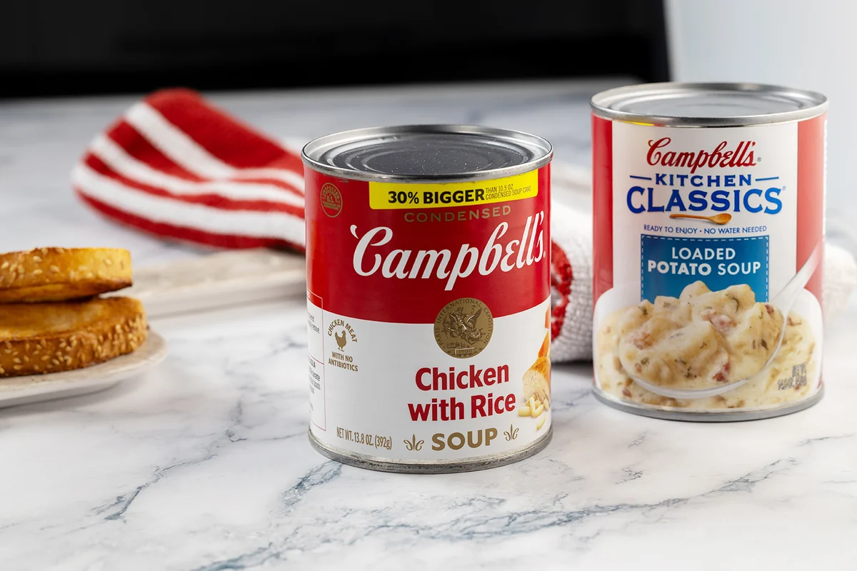 Campbell soup on white table