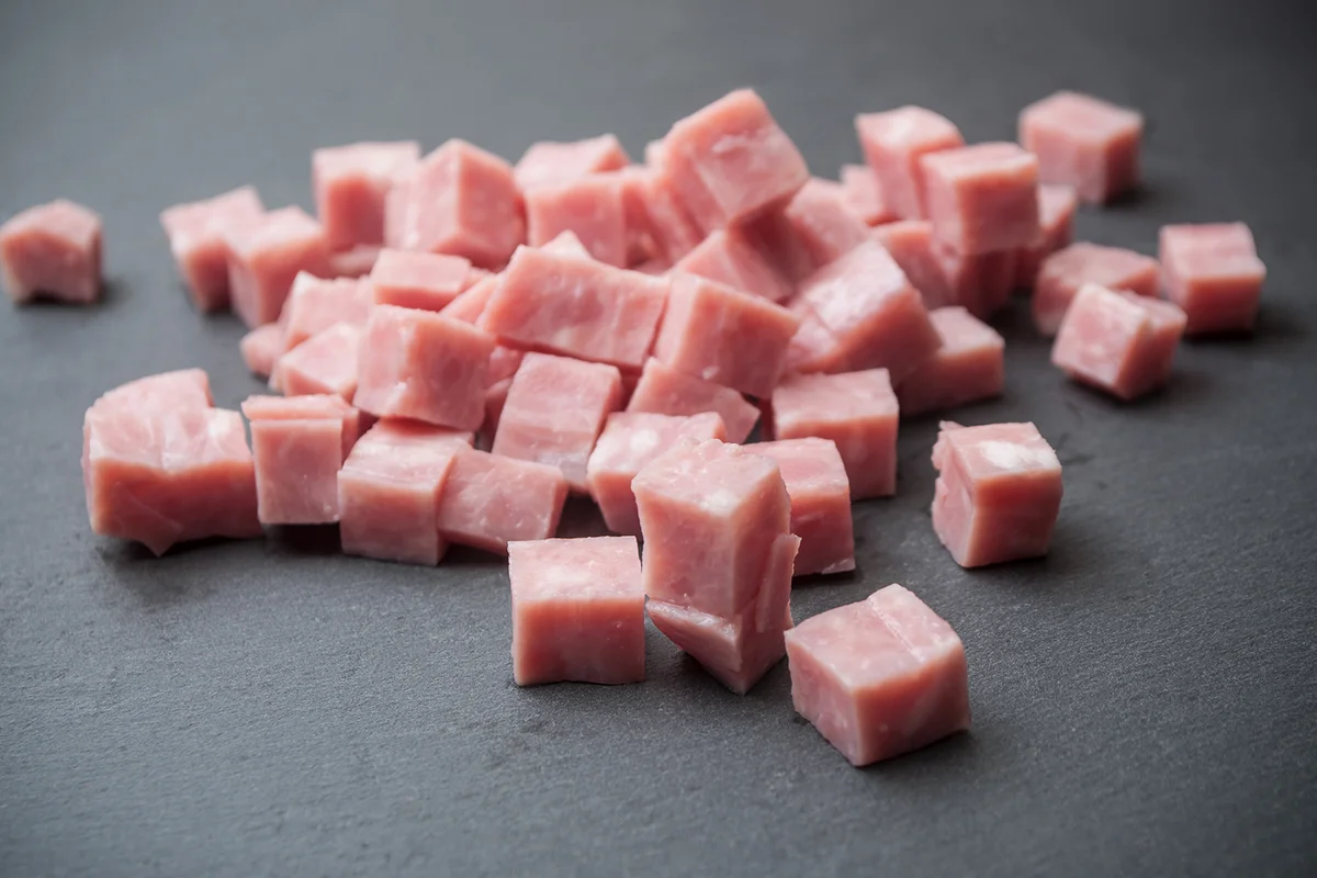 ham cubes on chalkboard background