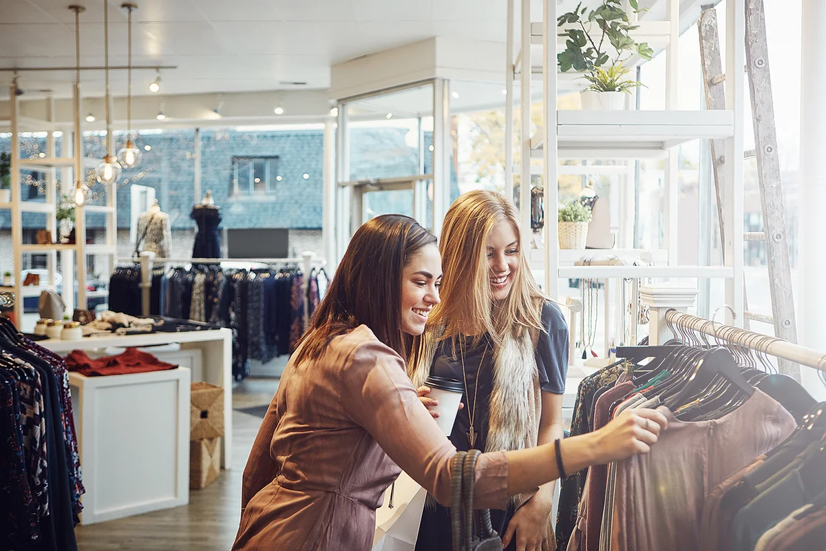 shopping and friends with choice for clothes