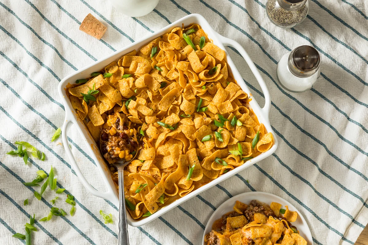Homemade Frito PIe Mexican Casserole with Cheese and Beans