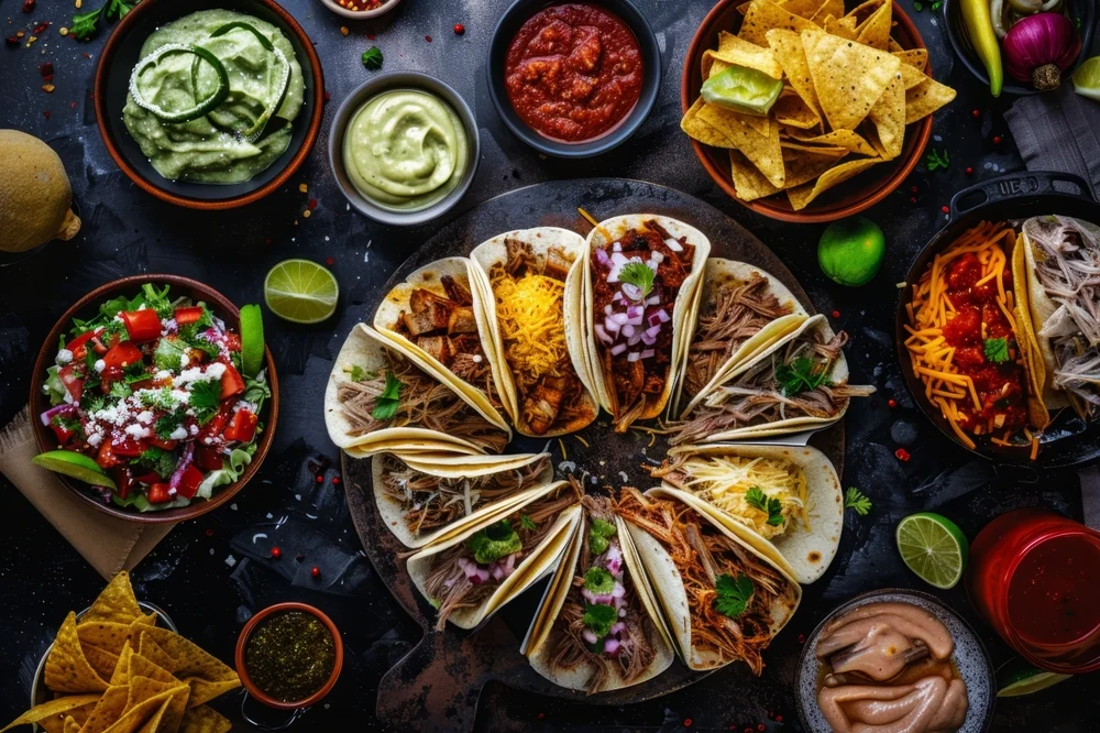 Platter of tacos and sauces
