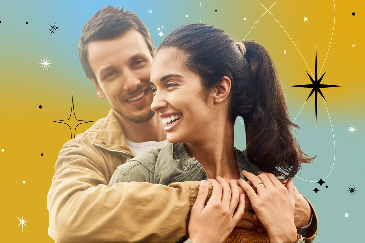 Couple, happy and outdoor for hug with love