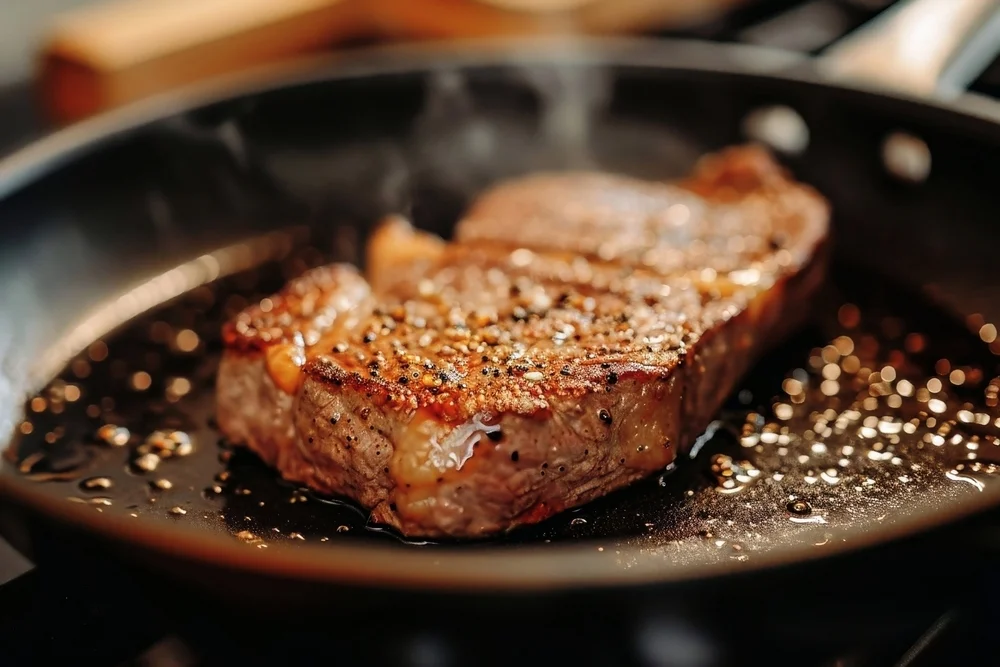 steak browning in a skillet