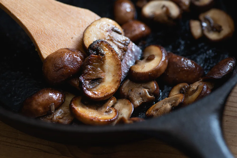 browned mushrooms in a skillet
