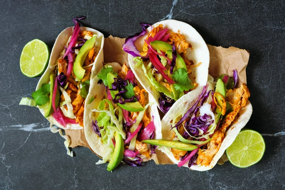 overhead shot of colorful tacos