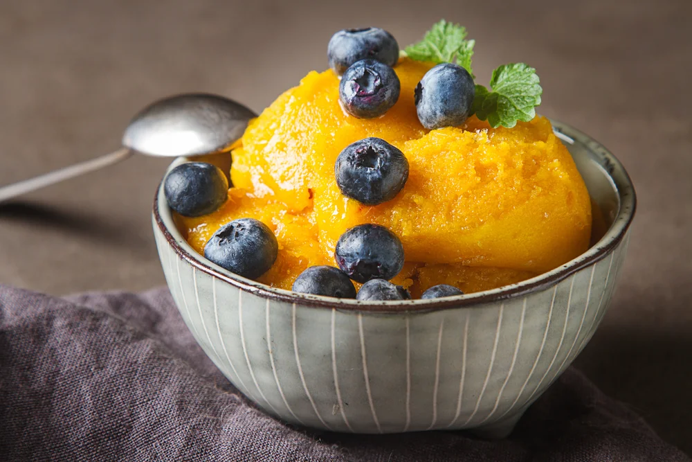 mango sorbet with blueberries