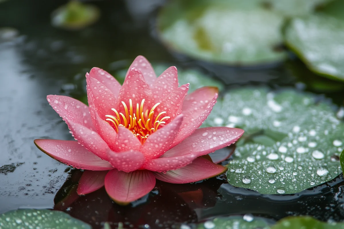 A pink water lily blooms in a pond