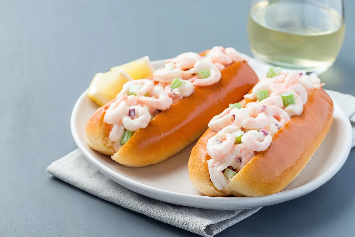 Shrimp rolls with hot dog brioche bun and shrimp salad
