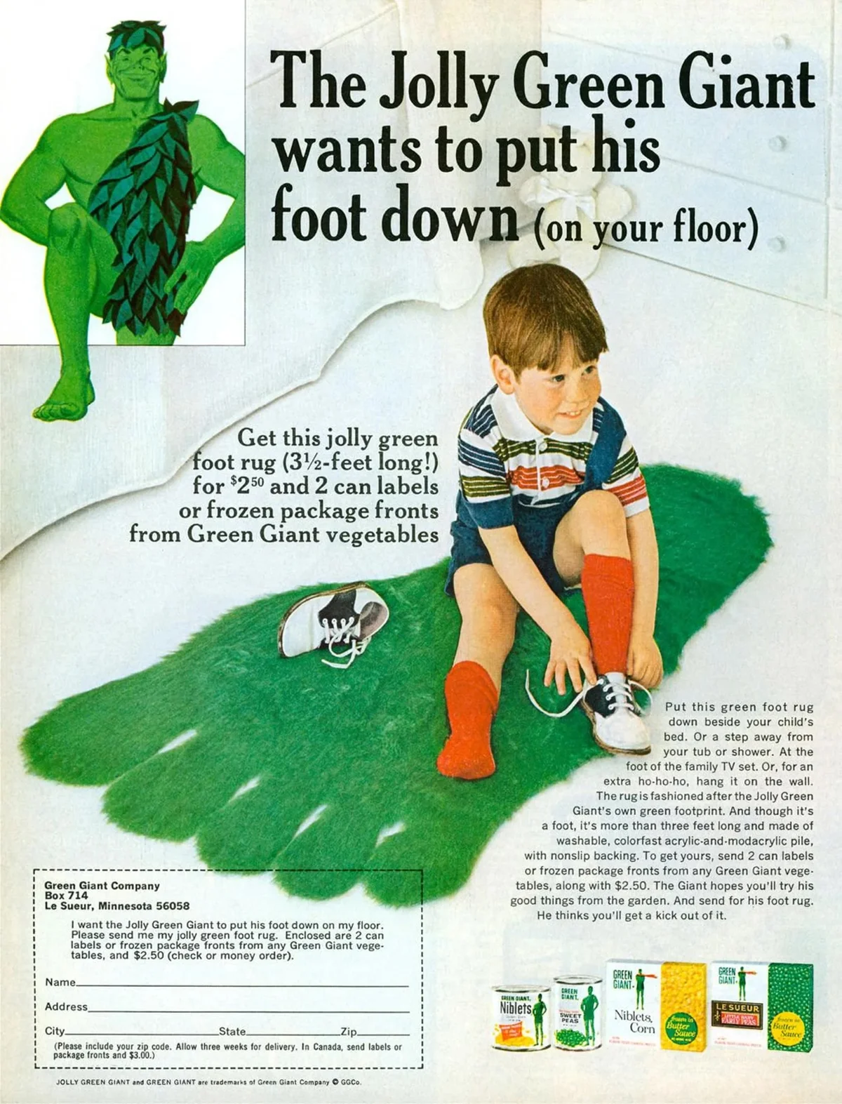 Vintage 1960s 42" x 24" NOS Jolly Green Giant Promo Footprint Foot Shag Rug