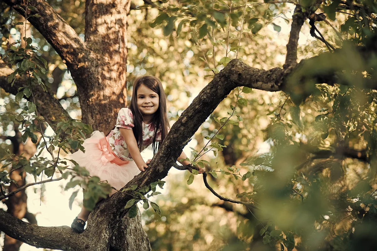 Child smile on tree branch, childhood