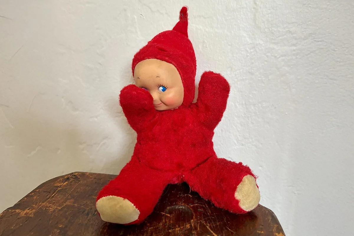 Vintage 40s 50s Red Shy Kewpie Baby Rubber Face Toy Plushie Stuffed Animal Collectible
