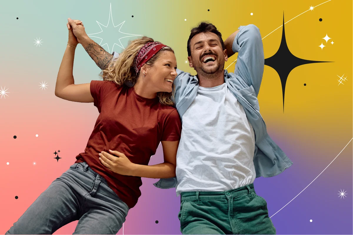 cheerful couple lying down