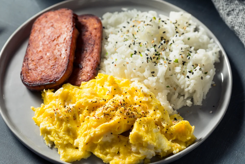 Plate of spam, eggs, and rice.