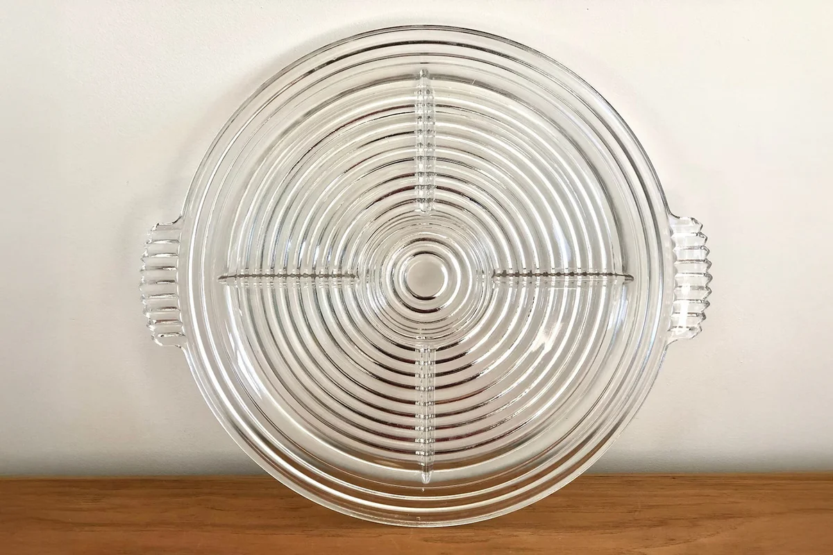 Vintage Manhattan ware Art Deco clear glass concentric ribbed round serving tray by Anchor Hocking 1940s