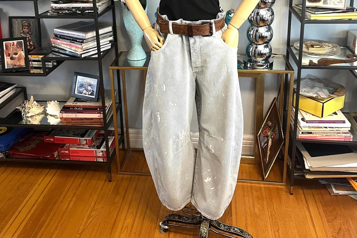 Free People barrel jeans, 32 railroad stripe distressed jeans