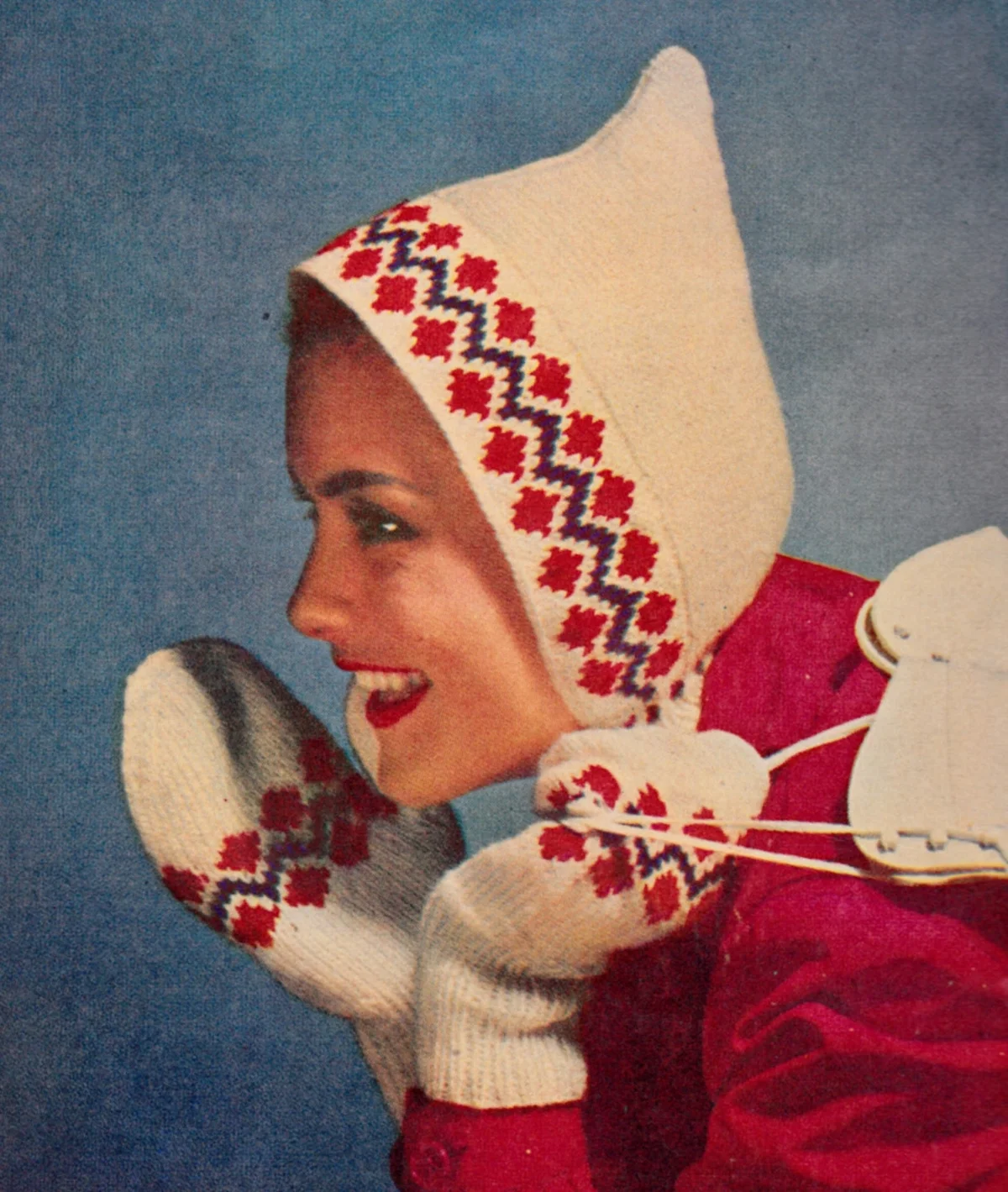 Vintage Knit Women's Hood & Mitten Set Pattern Fair Isle