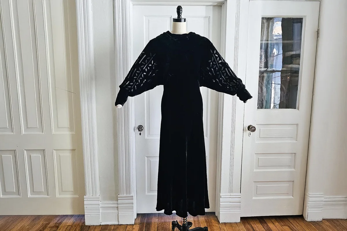 1930s Black Silk Velvet Devoré Burnout Batwing Gown