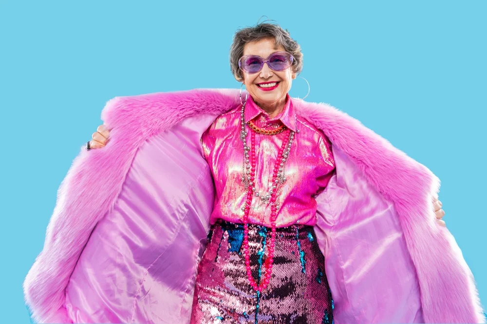 older woman in bright clothing